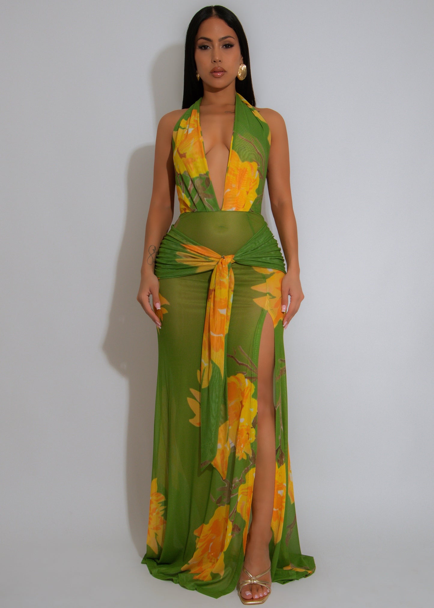 Bloomed Allure Floral Ruched Mesh Maxi Dress Green