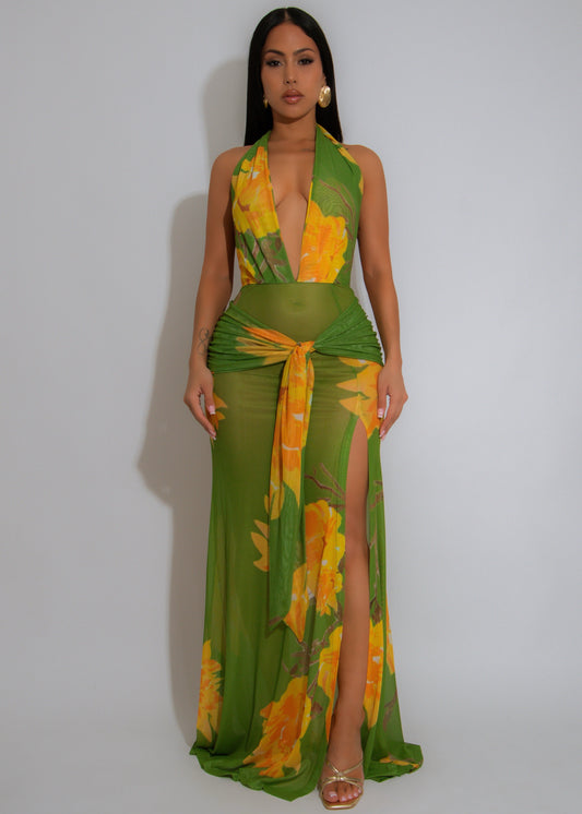 Bloomed Allure Floral Ruched Mesh Maxi Dress Green