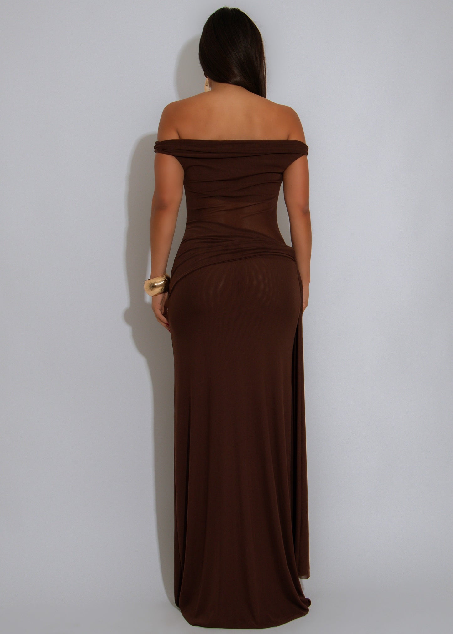 After Dusk Gown Mesh Ruched Maxi Dress Brown