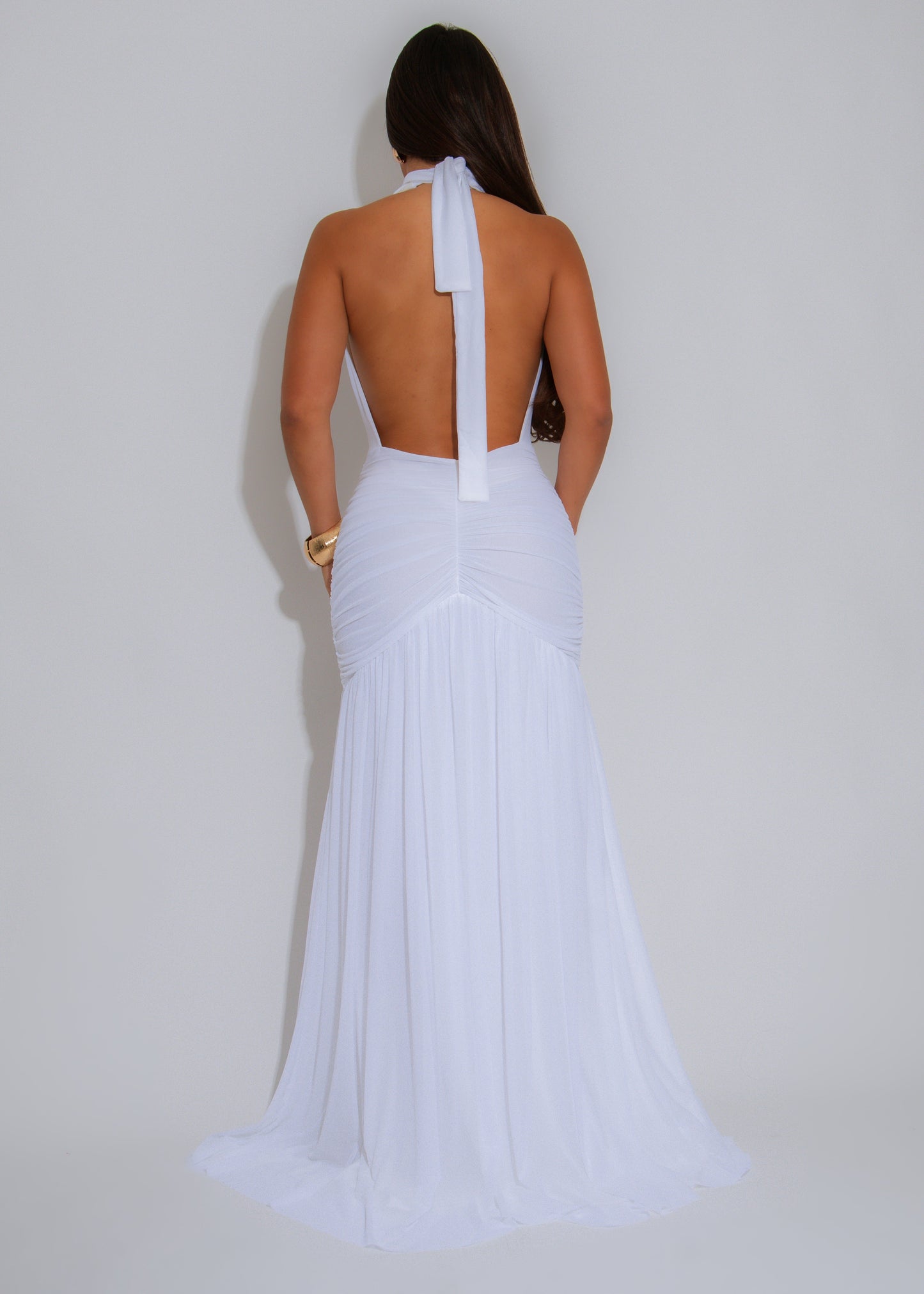 Midnight Ember Ruched Mesh Maxi Dress White