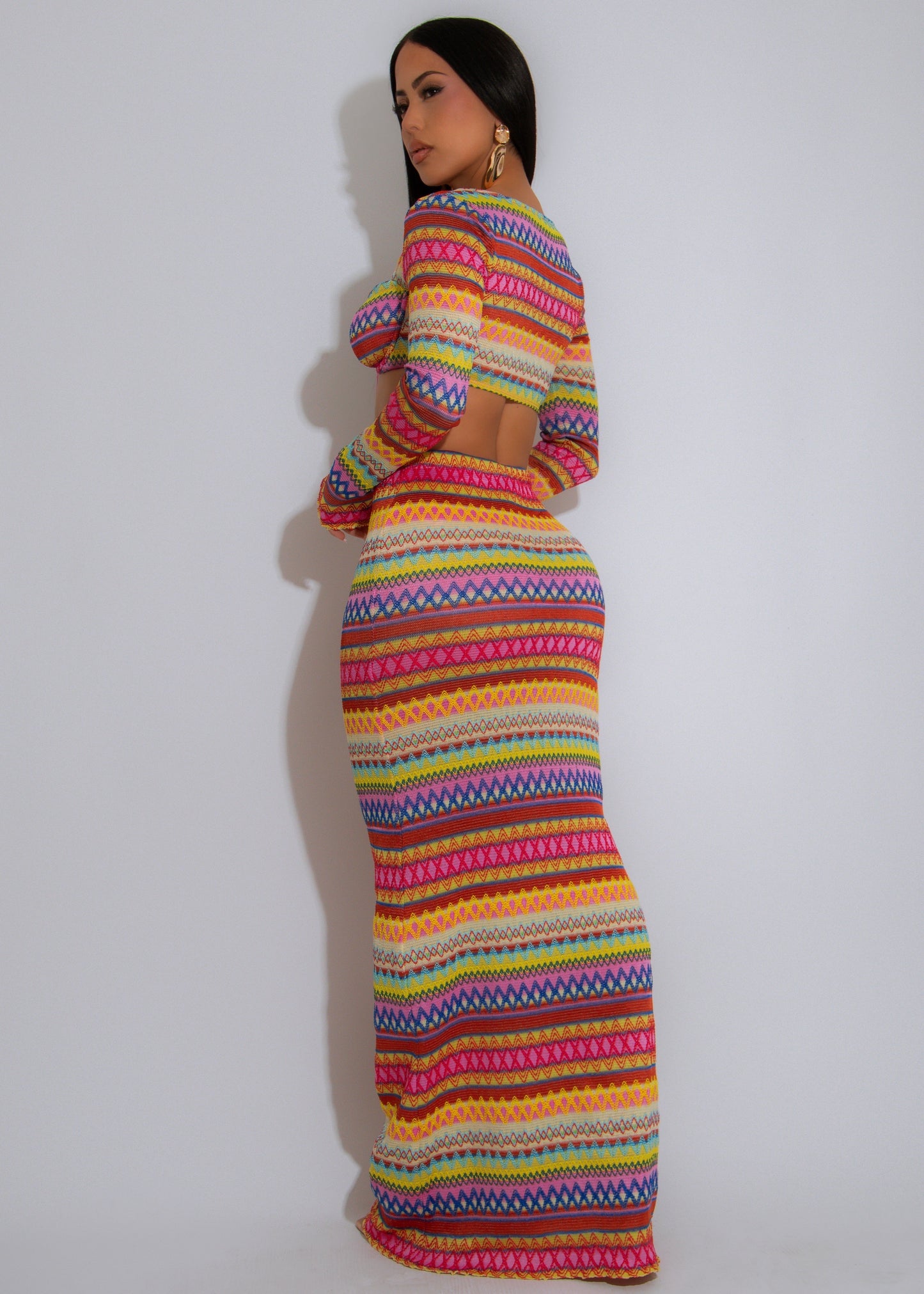 Boho Essence Knit Skirt Set Pink
