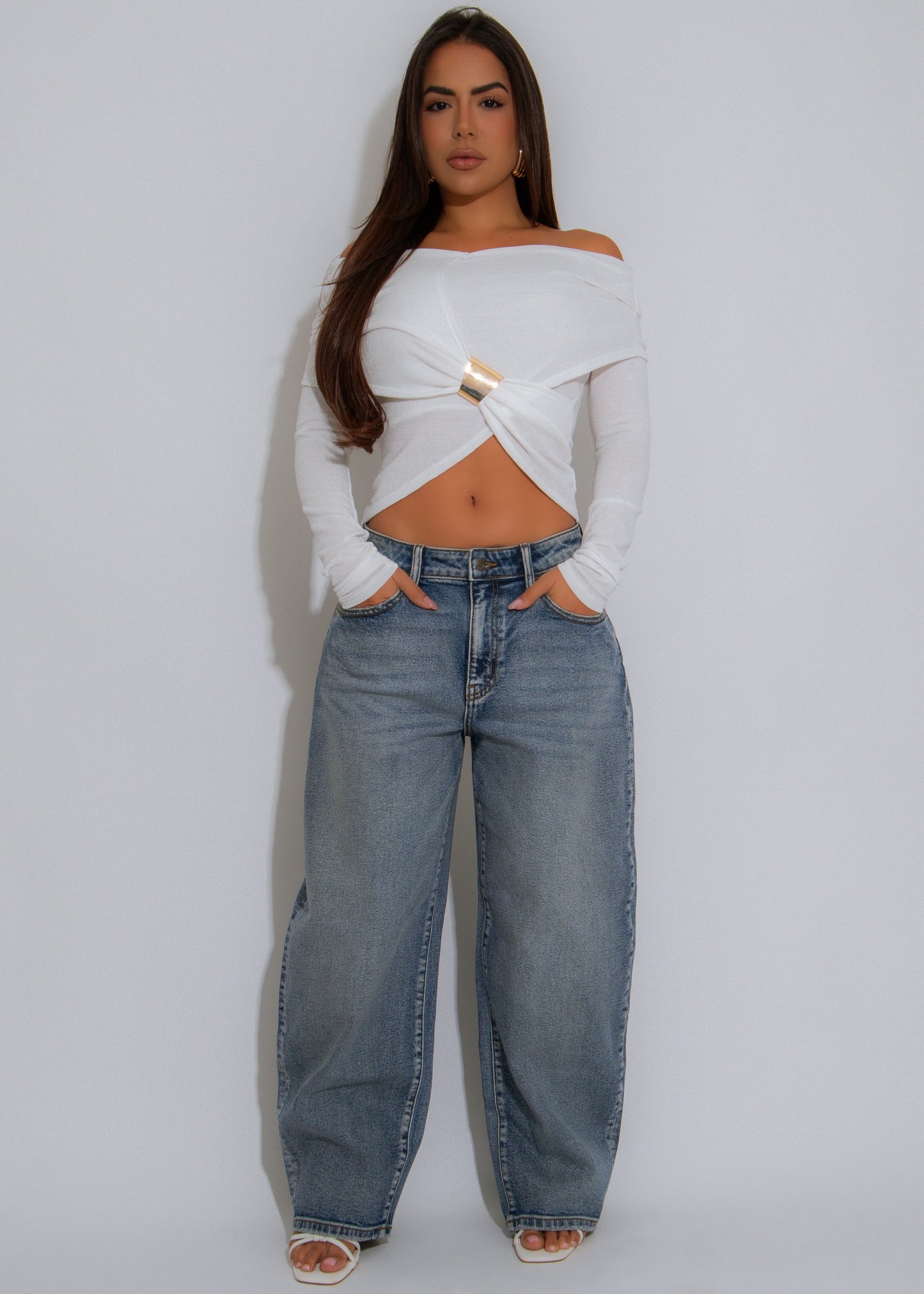 Wrapped Intentions Ruched Long Top White