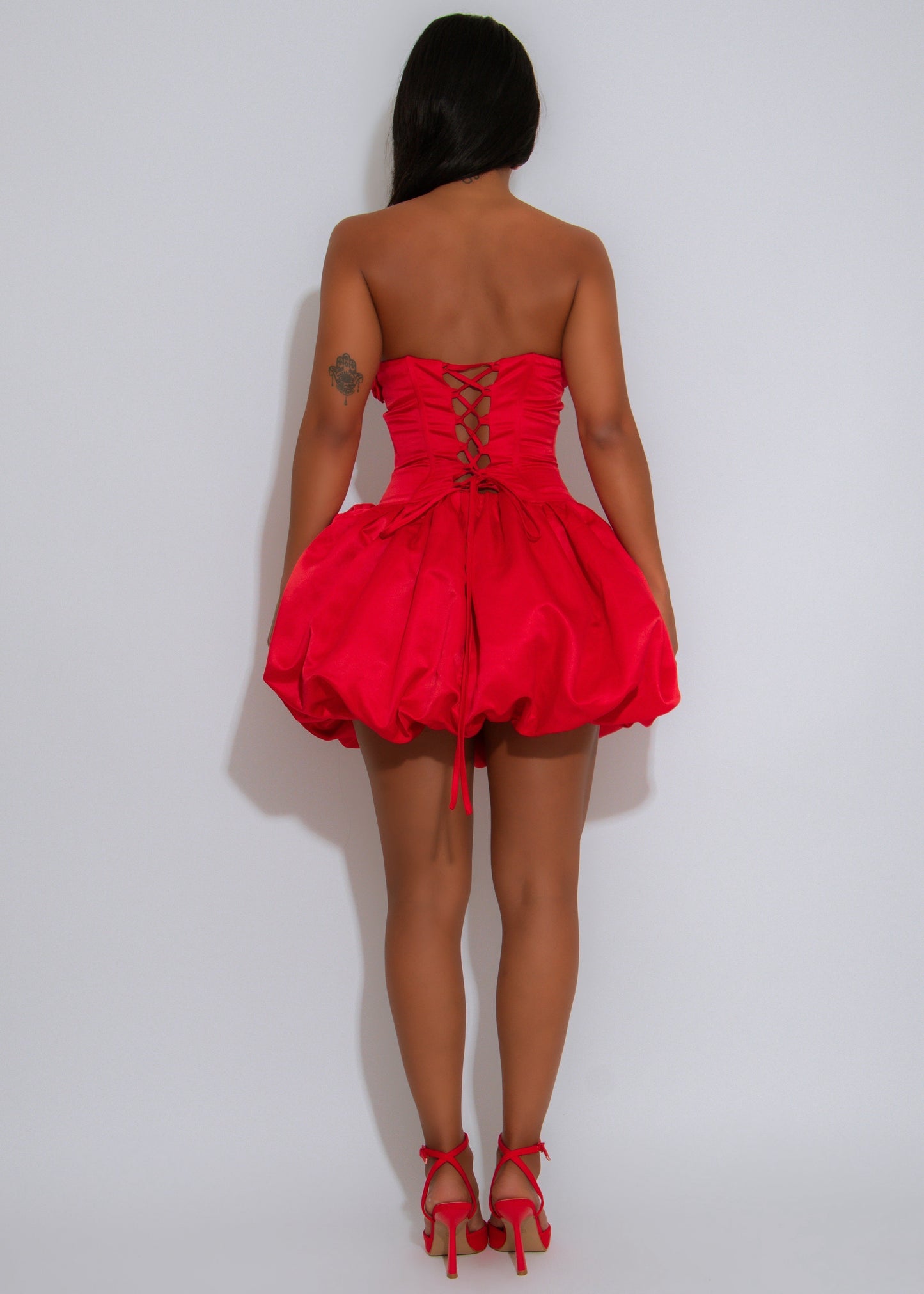Rosette Romance Floral Satin Ruched Mini Dress Red