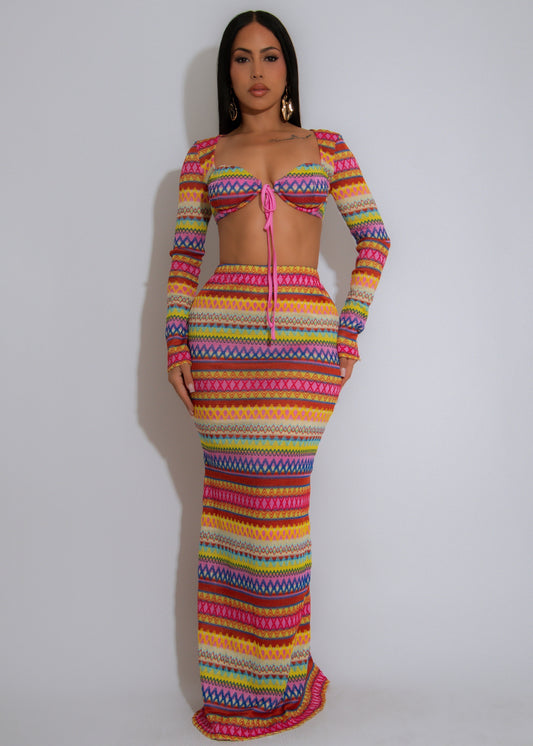 Boho Essence Knit Skirt Set Pink
