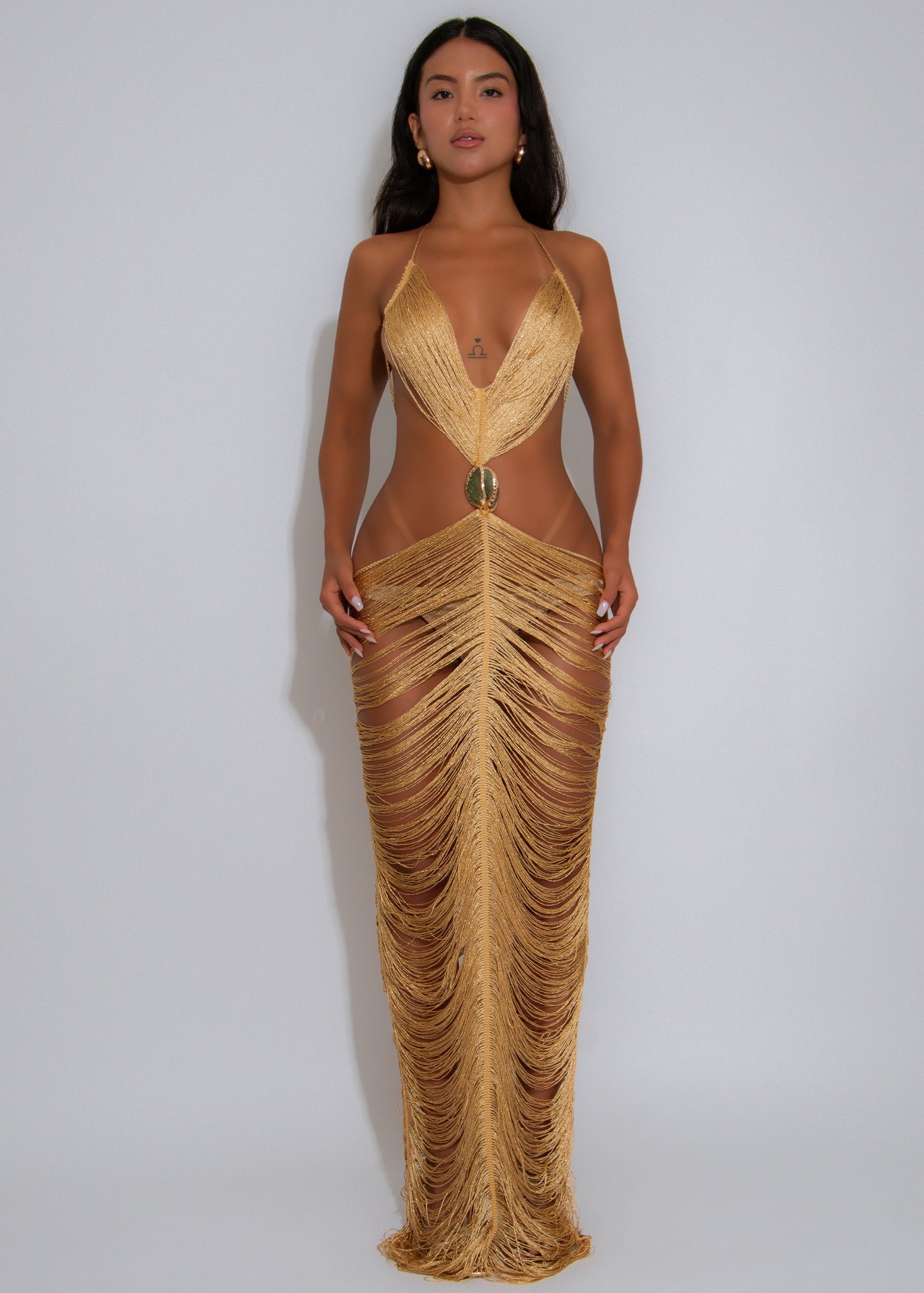 Goddess Tide Gown Shell Maxi Dress Gold