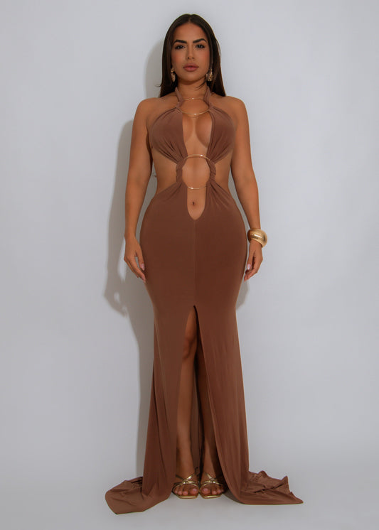 Dark Seduction Ruched Maxi Dress Brown