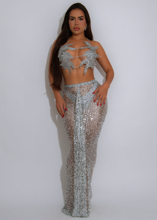 Midnight Glint Sequin Floral Skirt Set Silver