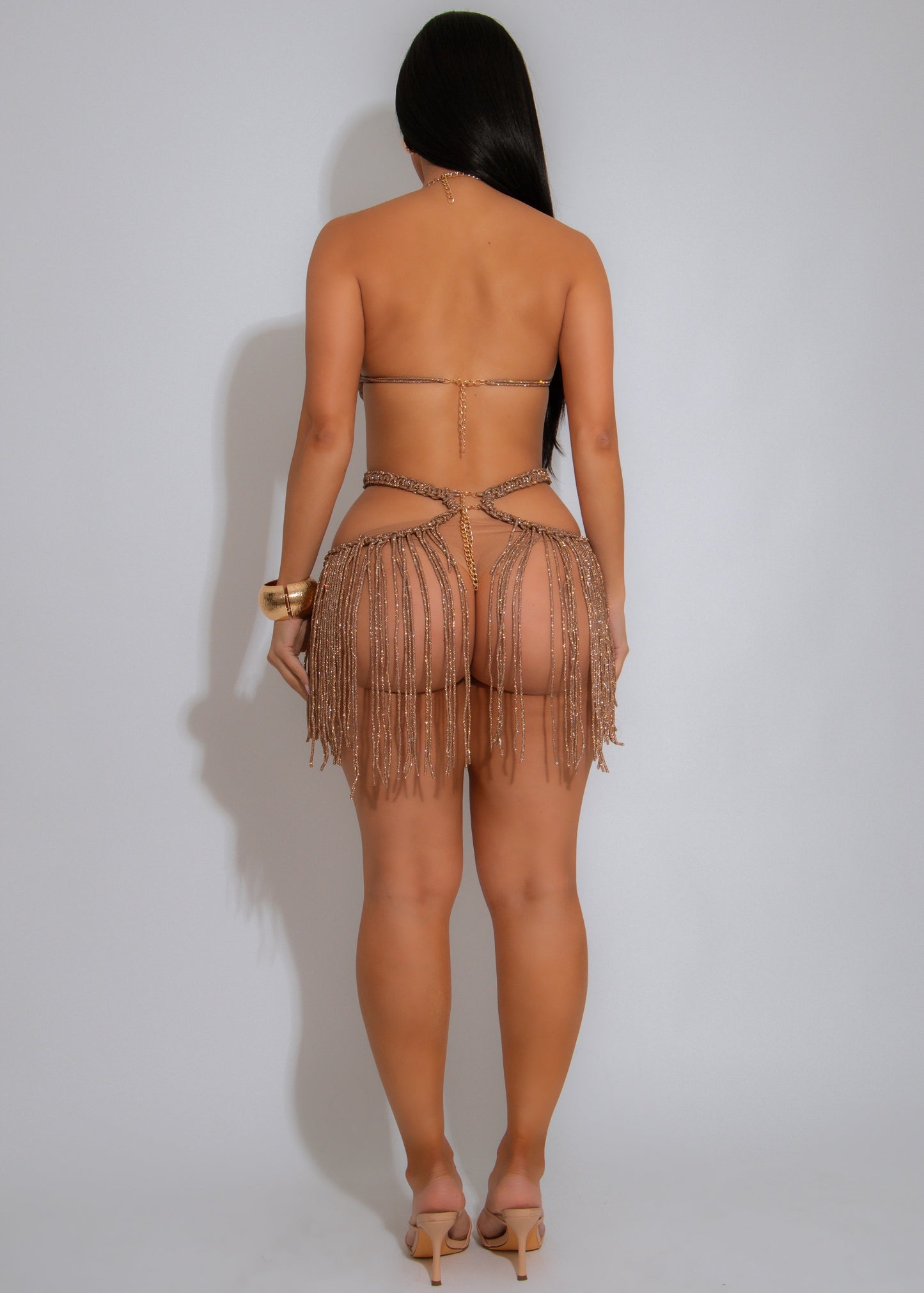 Shimmer Tides Rhinestones Skirt Set Gold