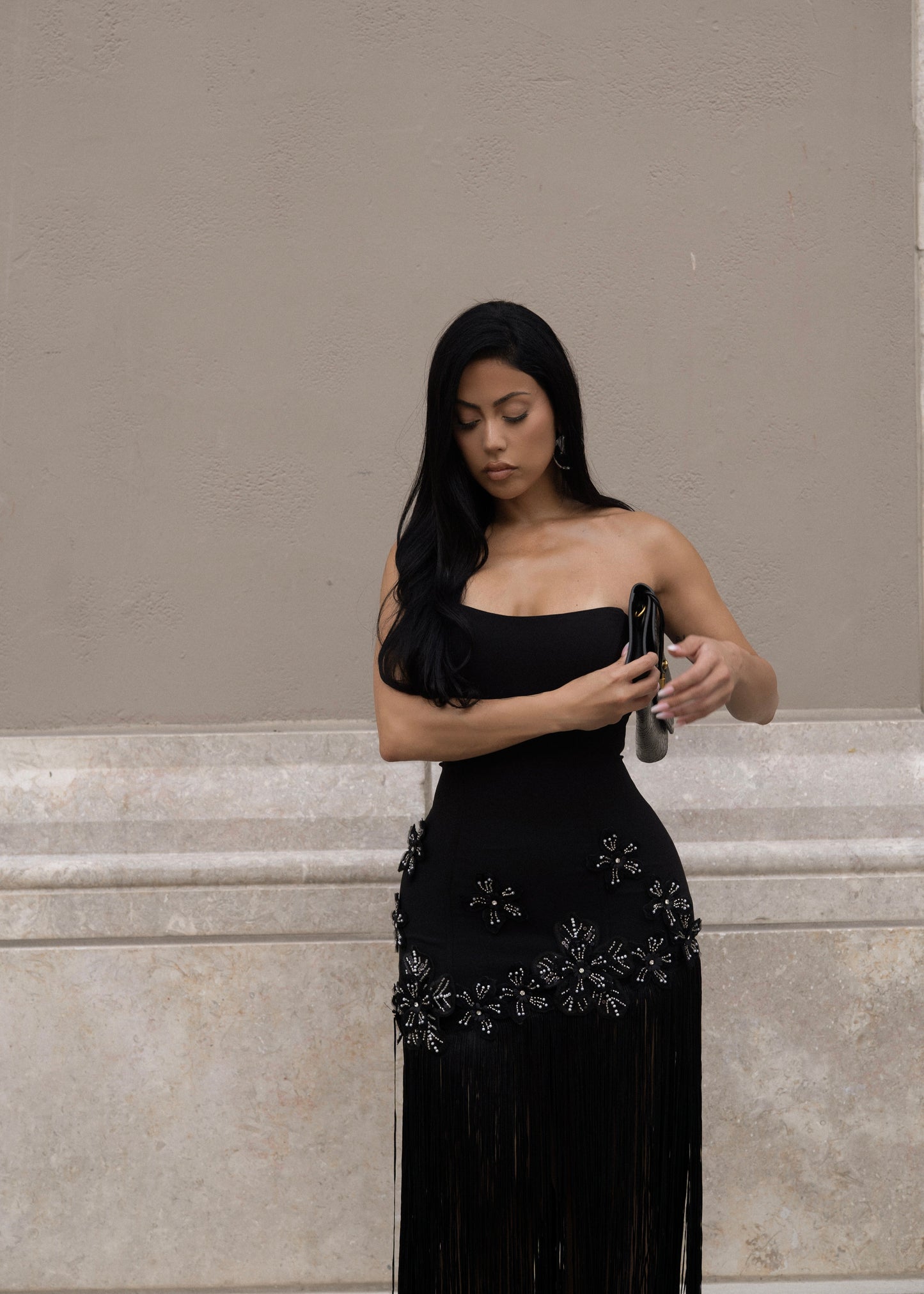 London Bandage Fringe Maxi Dress Black