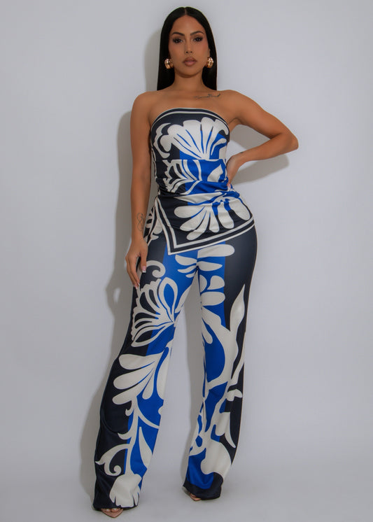 Midnight Resort Ruched Floral Pant Set Blue